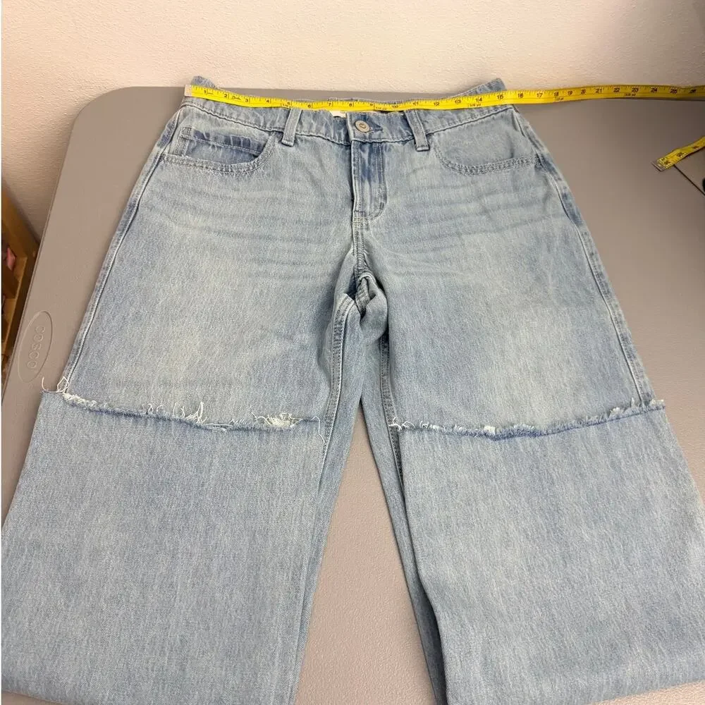 Hollister Low Rise Baggy Jeans M Short Light Wash Wide Leg Raw Hem